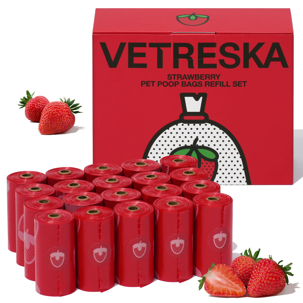 Vetreska Sacs à crottes parfum fraise, emballage rouge, idéal pour promenade propre.
