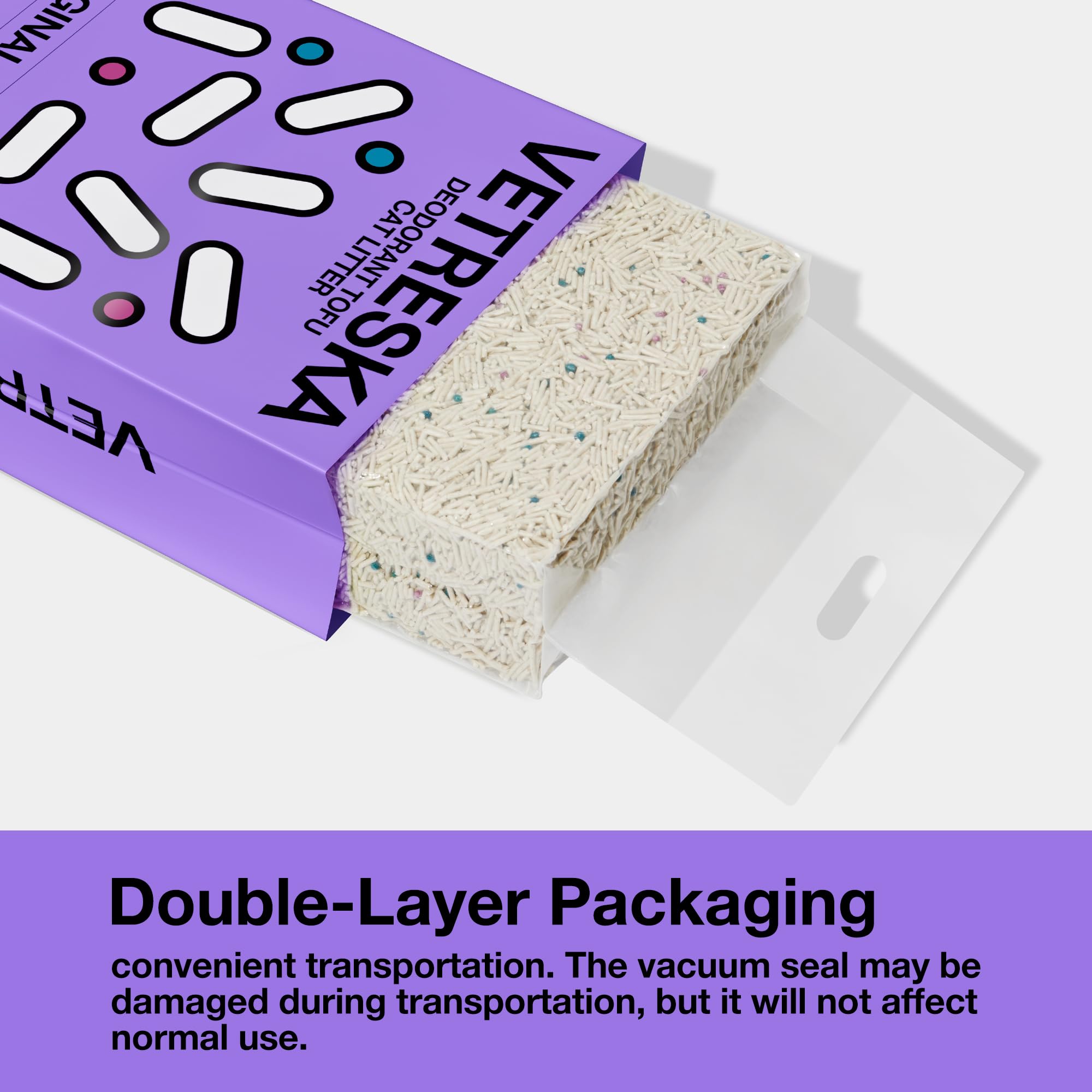 VETRESKA Tofu Litière: sachet sans air pour longue conservation.