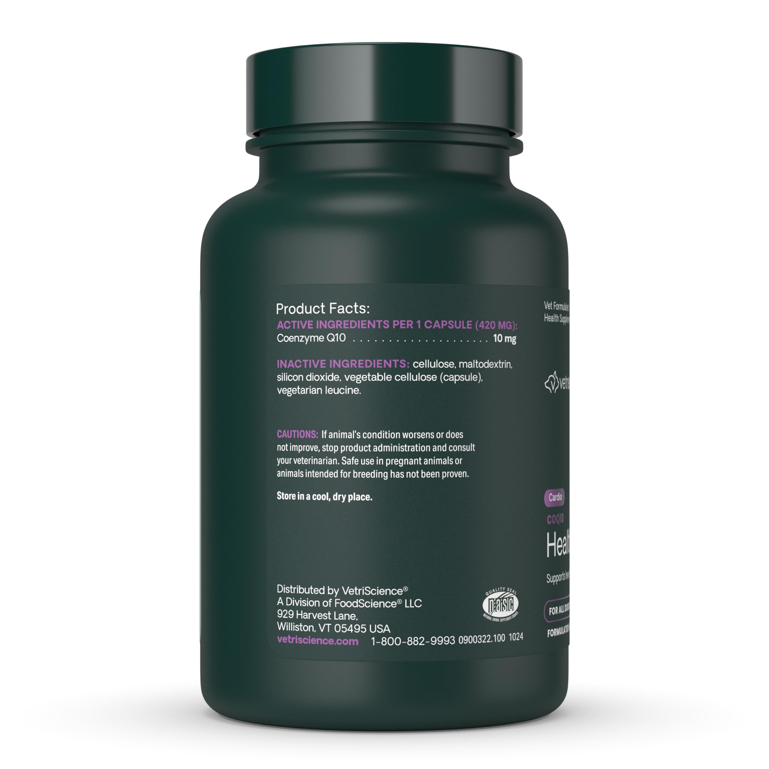 Boîte VetriScience Coenzyme Q10, 100 capsules, dosage vétérinaire facile.