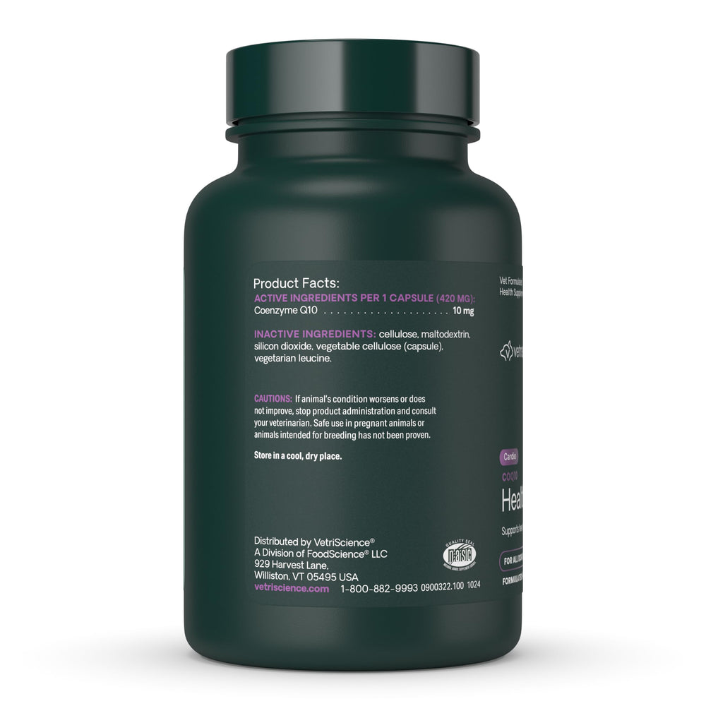 Boîte VetriScience Coenzyme Q10, 100 capsules, dosage vétérinaire facile.