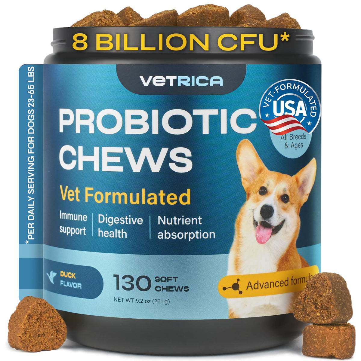 Vetrica Probiotiques Chien Bouteille 130 Bouchées: soutien digestif pratique et régulier