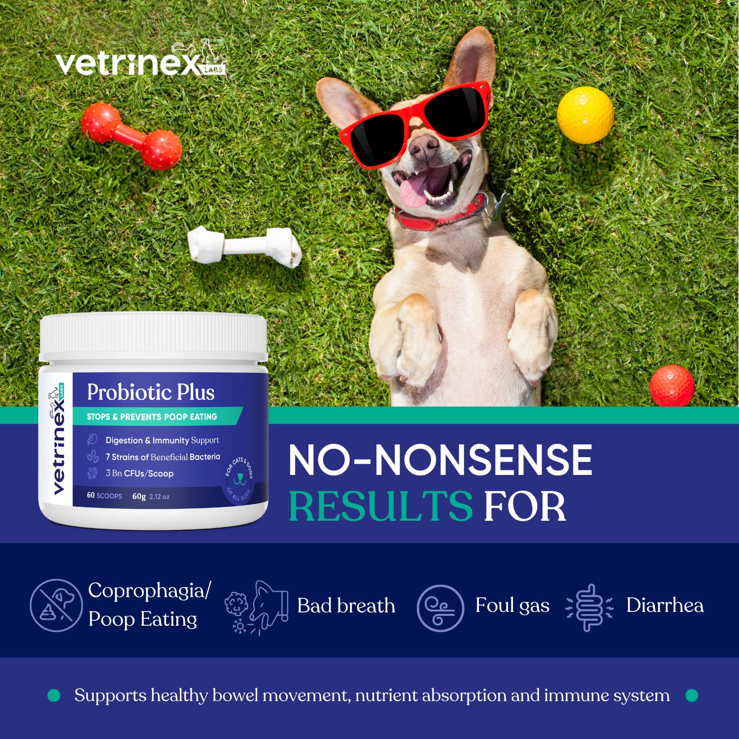 Vetrinex Labs Probiotique — poudre incolore prête à saupoudrer sur la nourriture.