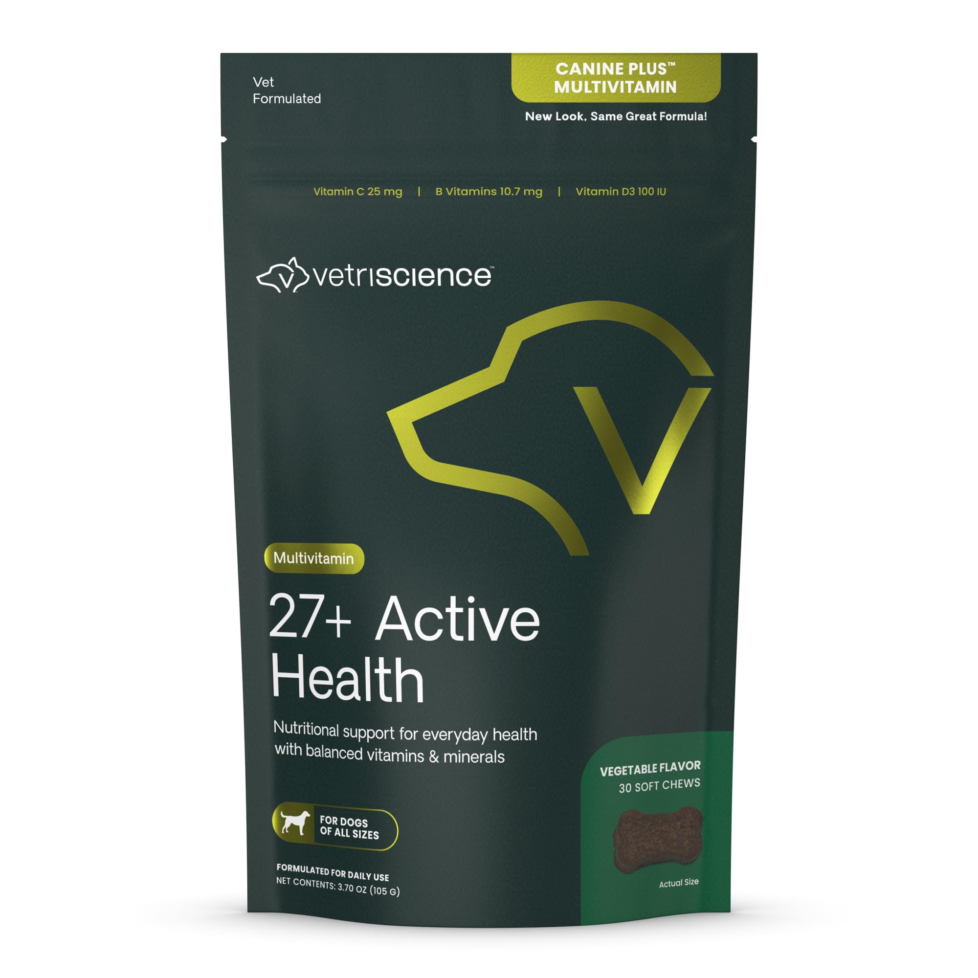 VetriScience 27+ Active Health : bouteille, friandises pratiques pour le quotidien du chien.