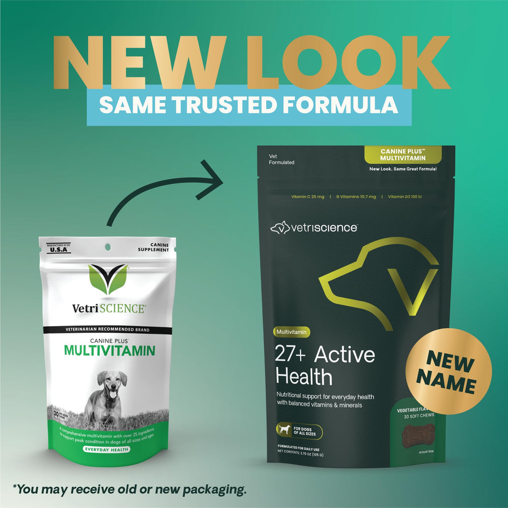 Gommes végétales VetriScience 27+ Active Health, soutien appétit et vitalité du chien.