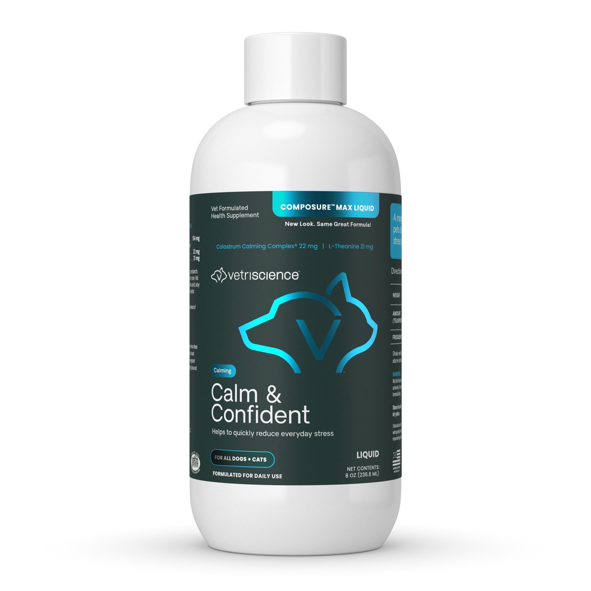 Bouteille VetriScience Calm & Confiant montrant le format liquide apaisant pour chiens et chats.