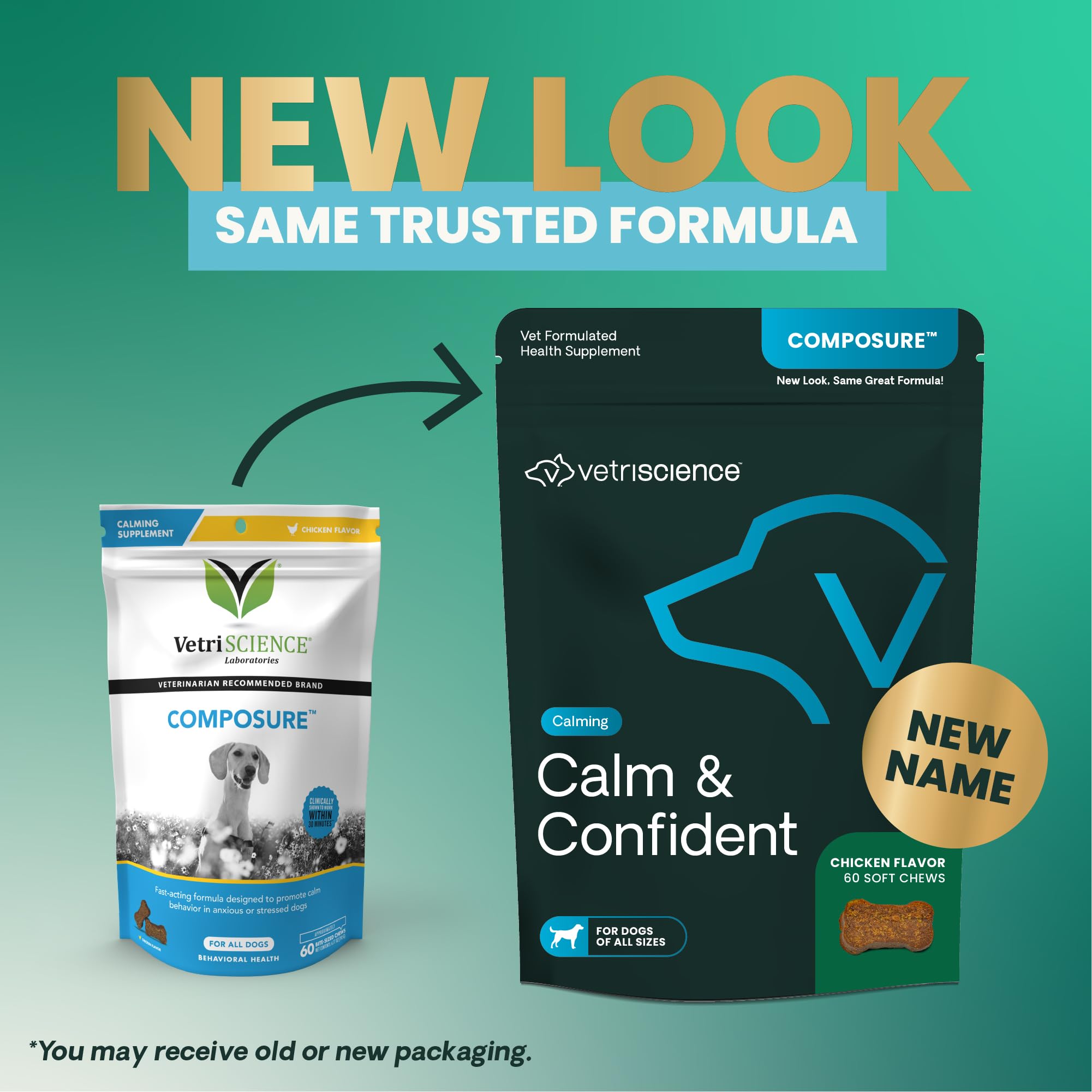 VetriScience Calm & Confident, bouteille et étiquette, conditionnement pratique.