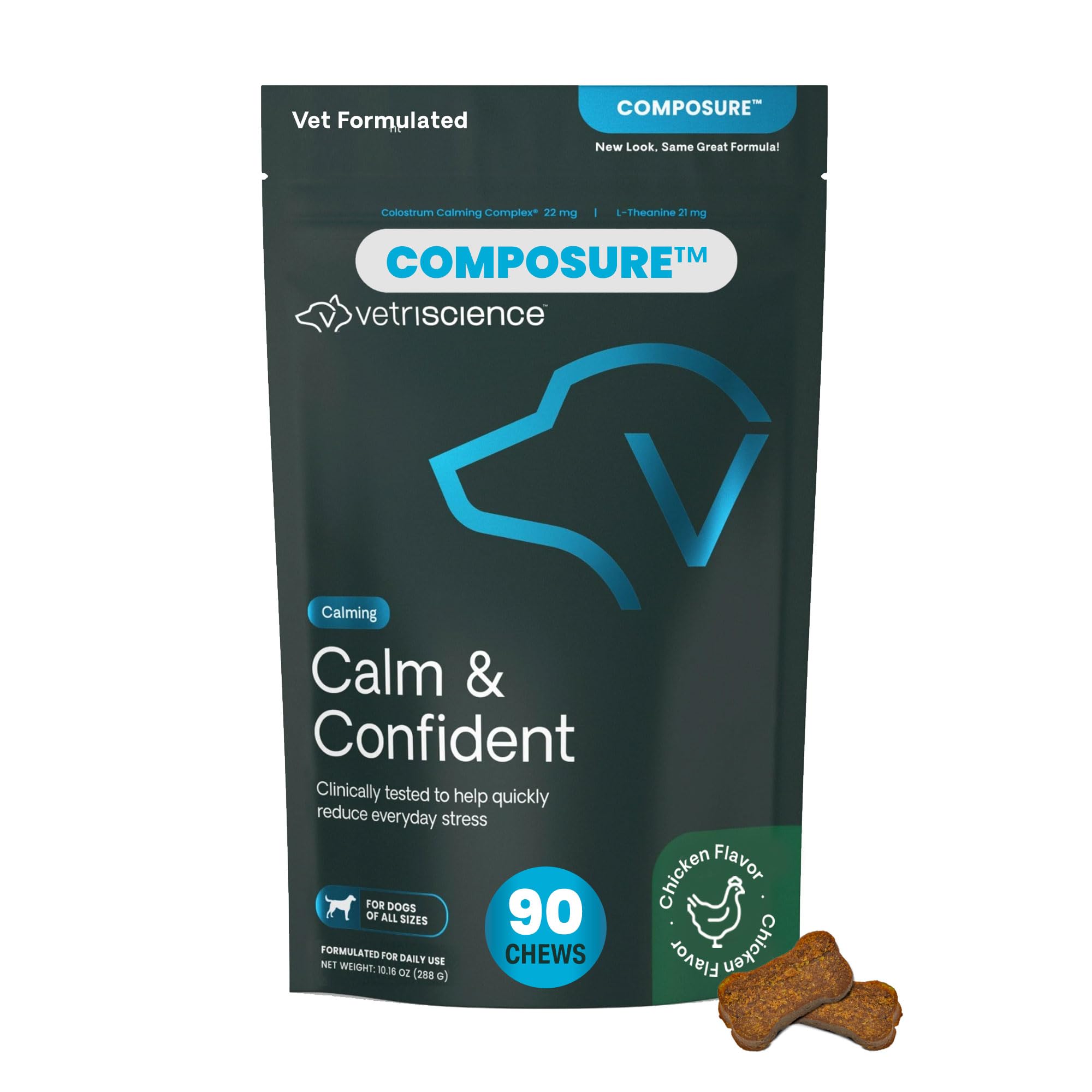 VETRISCIENCE Calm & Confident : bouchées au poulet pour chien, apaisement potentiel.