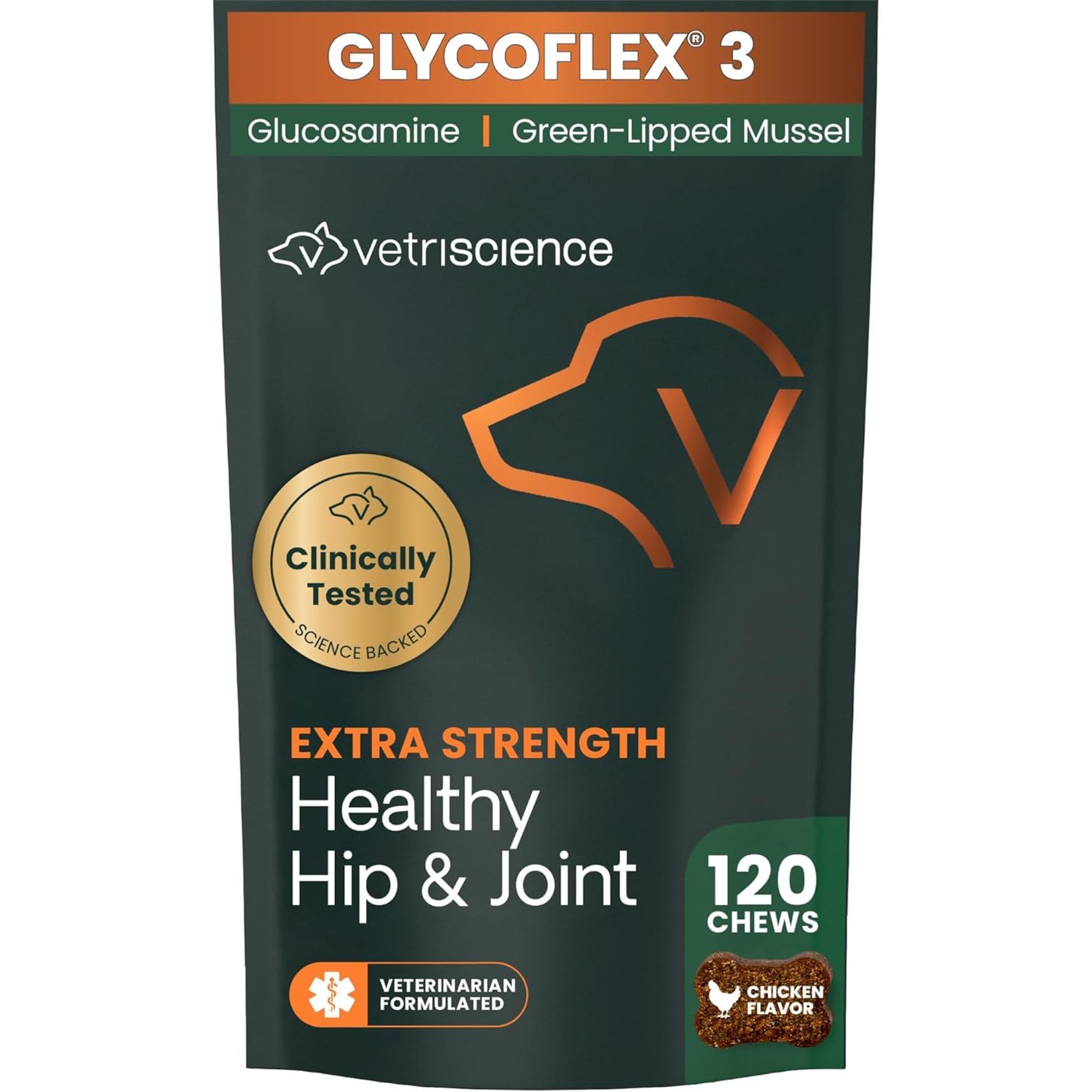 GlycoFlex 3 VetriScience — bouteille montrant le packaging, soutien mobilité pour chiens.