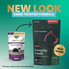 Boîte VetriScience Lysine Immunity Health affichant l’emballage et le nom du produit.