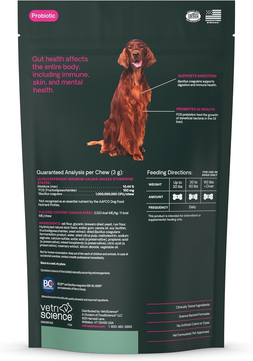 VetriScience Gut Health: 1 milliard CFU par bouchée pour la régularité canine.