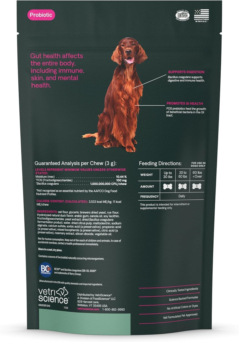 VetriScience Gut Health: 1 milliard CFU par bouchée pour la régularité canine.