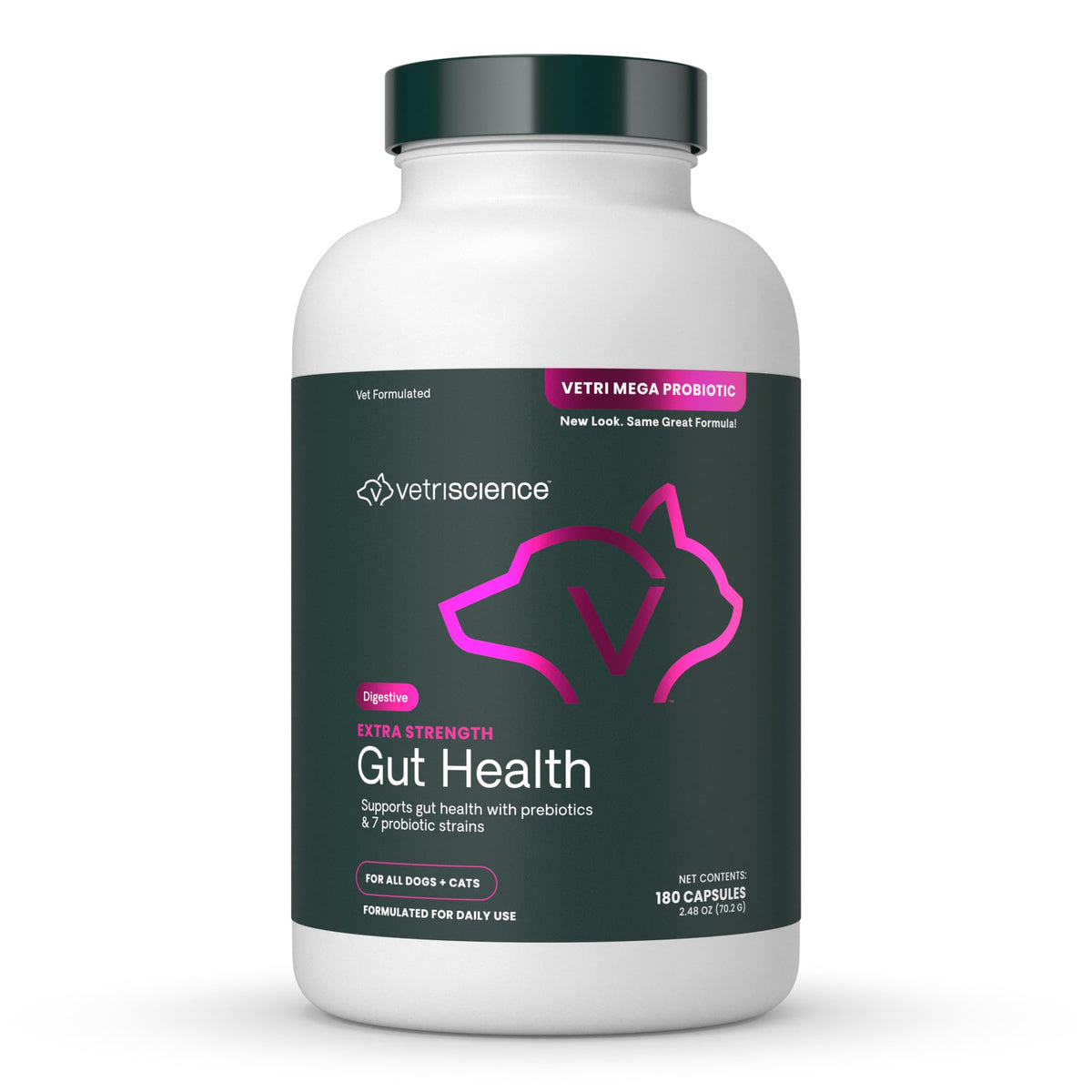 VetriScience Santé Intestinale – bouteille et capsules, soutien digestif potentiel.