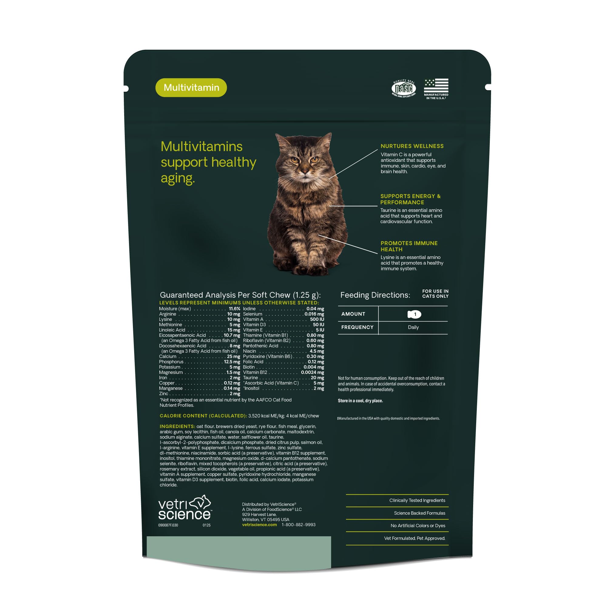 Soutien quotidien à l'énergie et à la mobilité des chats seniors avec VetriScience 27+.
