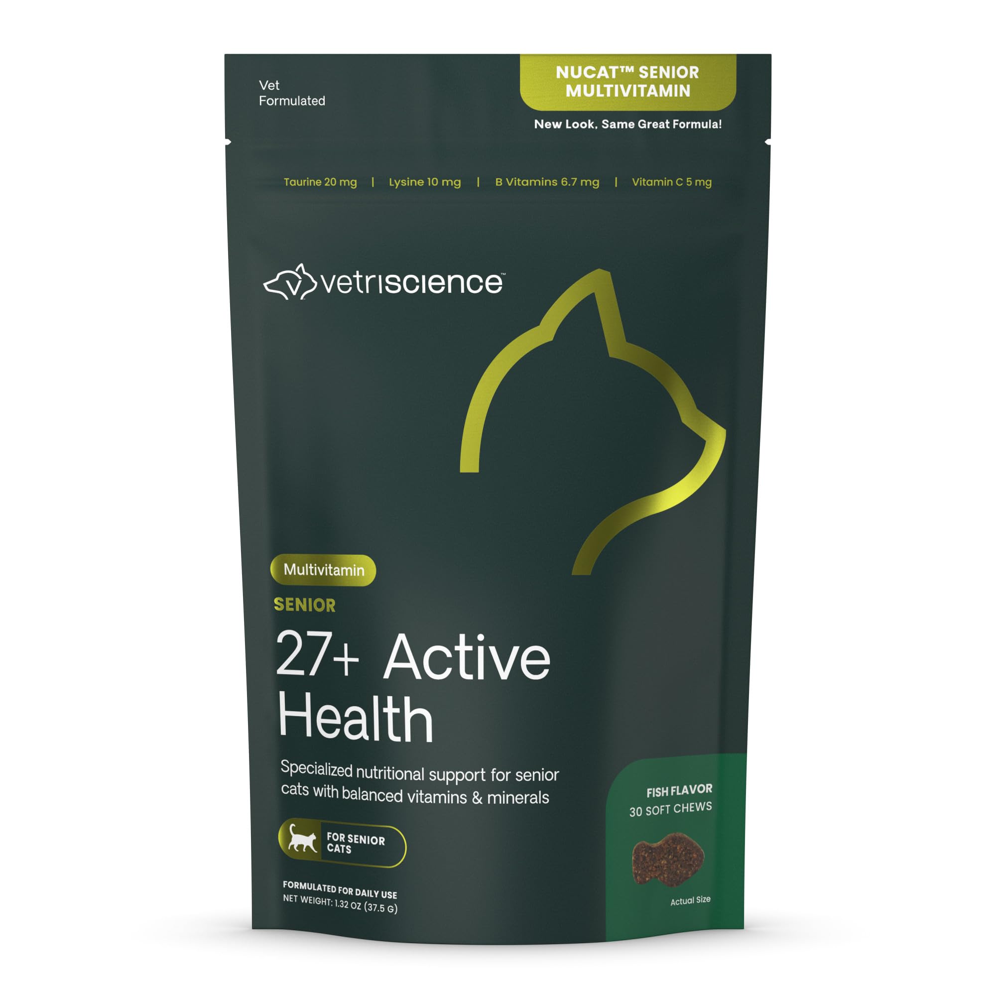 VetriScience Senior 27+ friandises au poisson, soutien énergétique pour chats âgés.