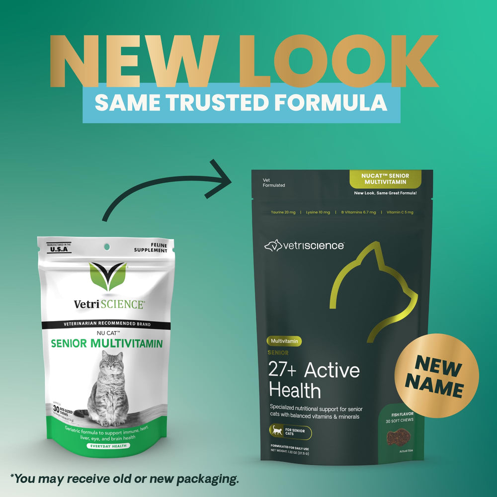 VetriScience Senior 27+, friandises goût poisson, facile à ajouter à la routine quotidienne.