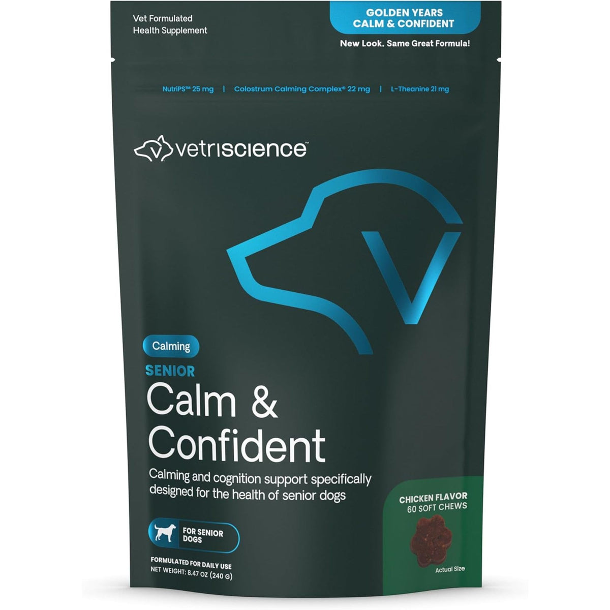 Emballage VetriScience Senior Calme et Confiant, pratique pour chiens âgés.