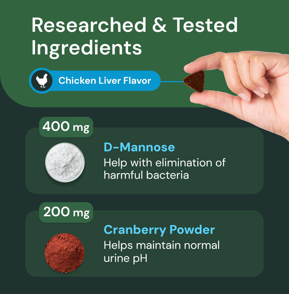 VetriScience UT Health Chews, d-mannose: aide potentielle pour le confort urinaire.