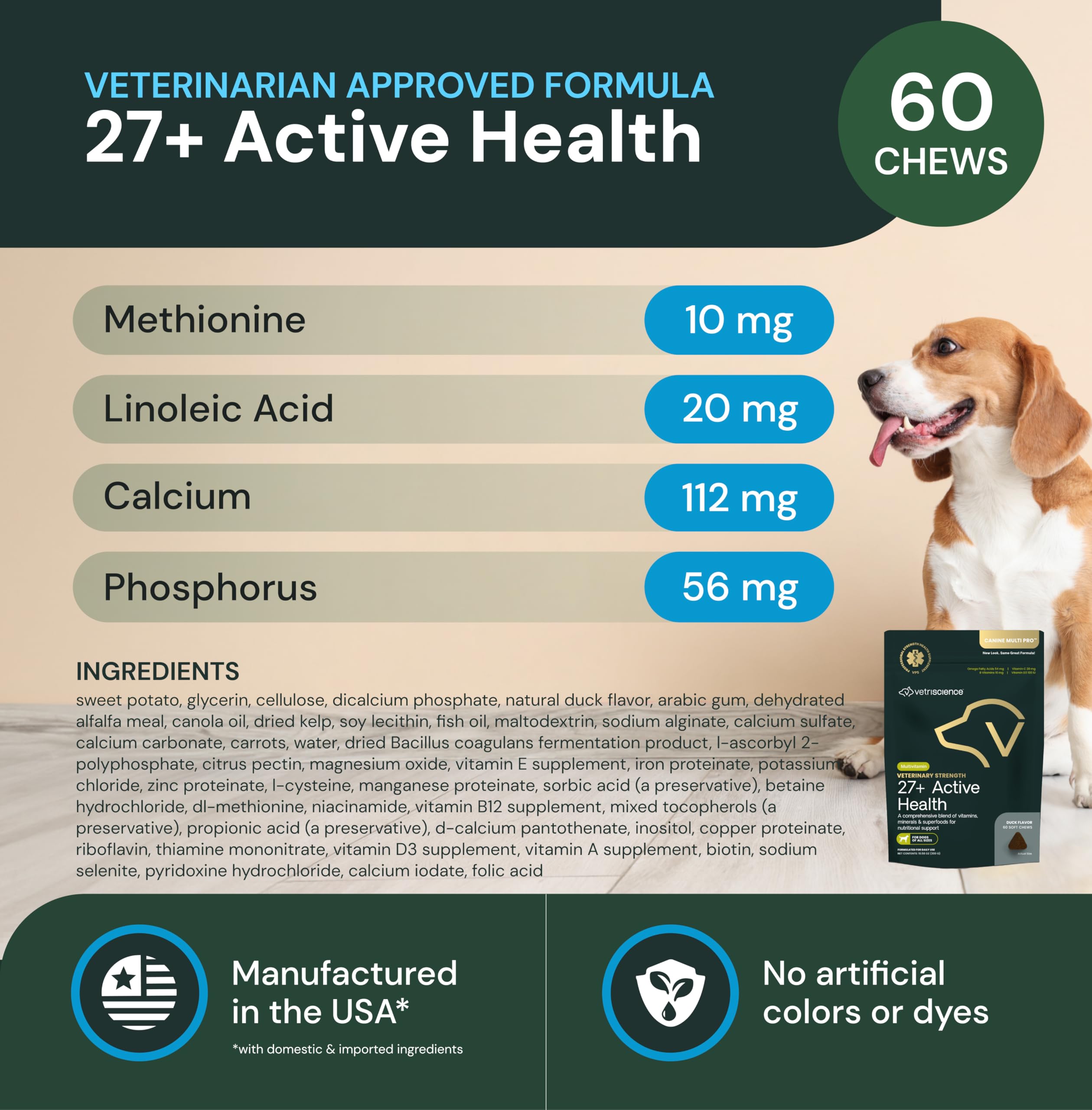 Saveur canard VetriScience 27+, appétence accrue chez les chiens.