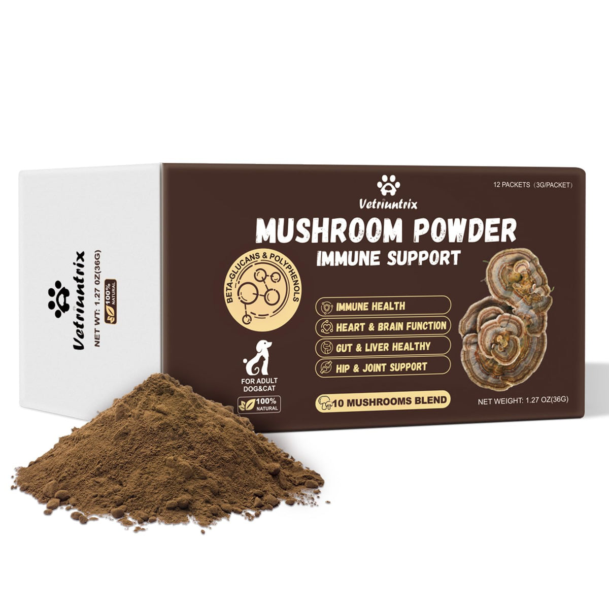 Vetriuntrix mélange champignons bio pour chiens et chats – emballage visible, soutien immunitaire potentiel
