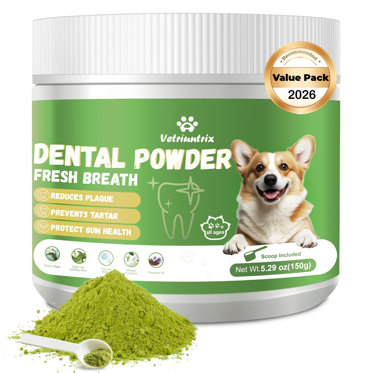 Vetriuntrix Poudre Dentaire chien — bouteille, utilisation pratique pour l'hygiène dentaire.