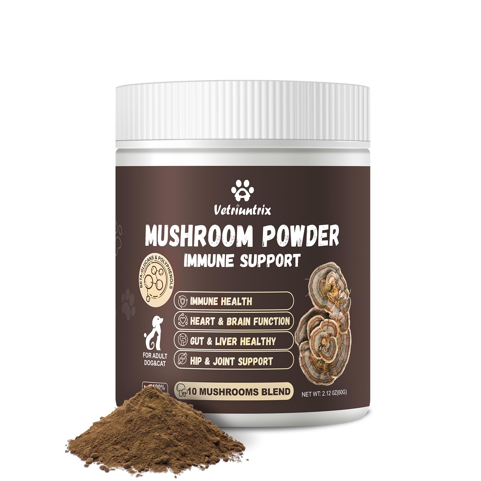 Vetriuntrix Poudre Queue de Dinde pour chien en pot, soutien potentiel à l'immunité et au bien-être.