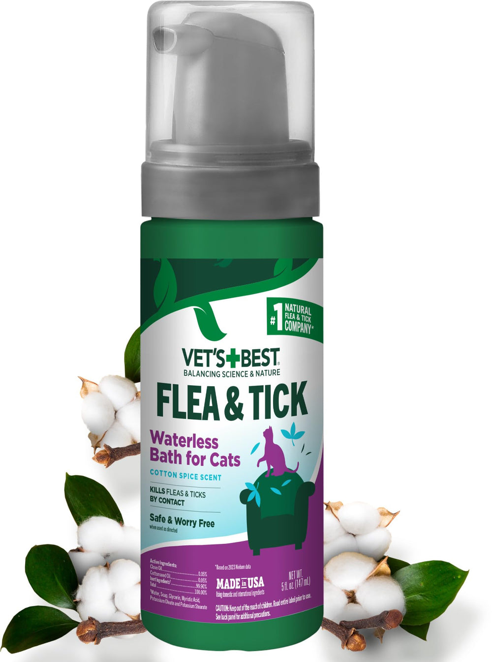 Vet’s Best mousse sans rinçage sur pelage de chat, pratique et rapide.