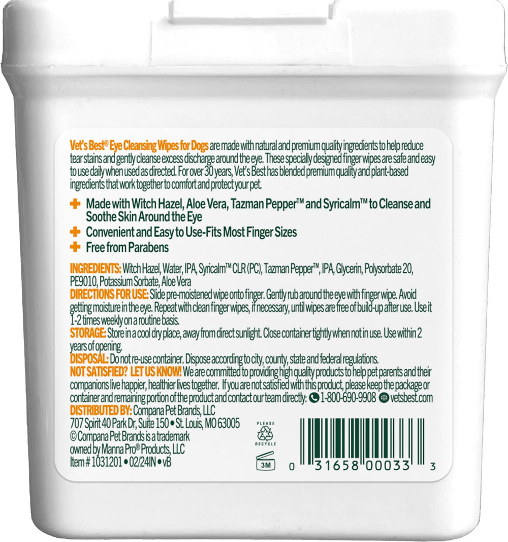 Vet's Best Eye Wipes apportent confort et propreté autour des yeux du chien.
