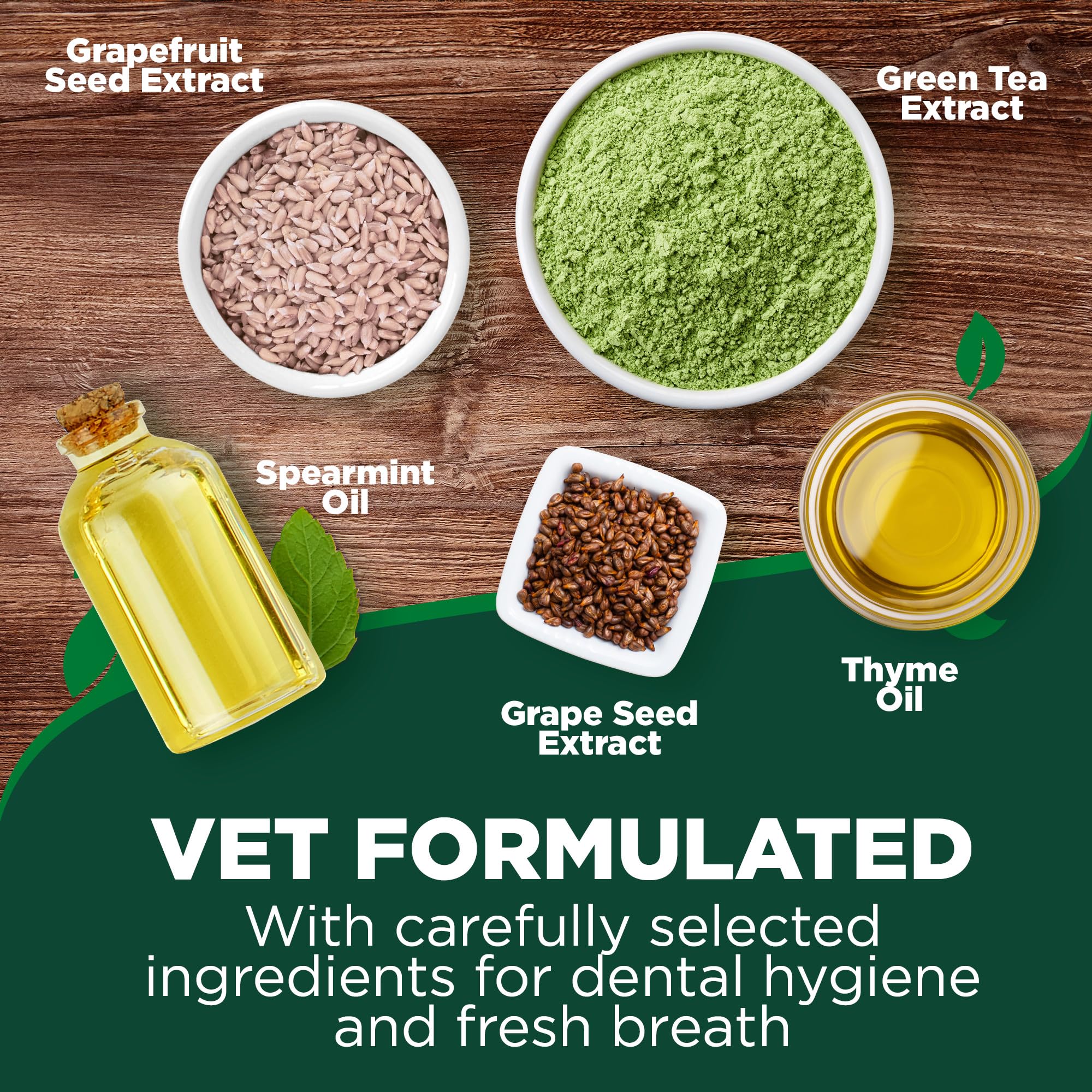 Ingrédients naturels Vet's Best utilisés dans les lingettes dentaires pour animaux.