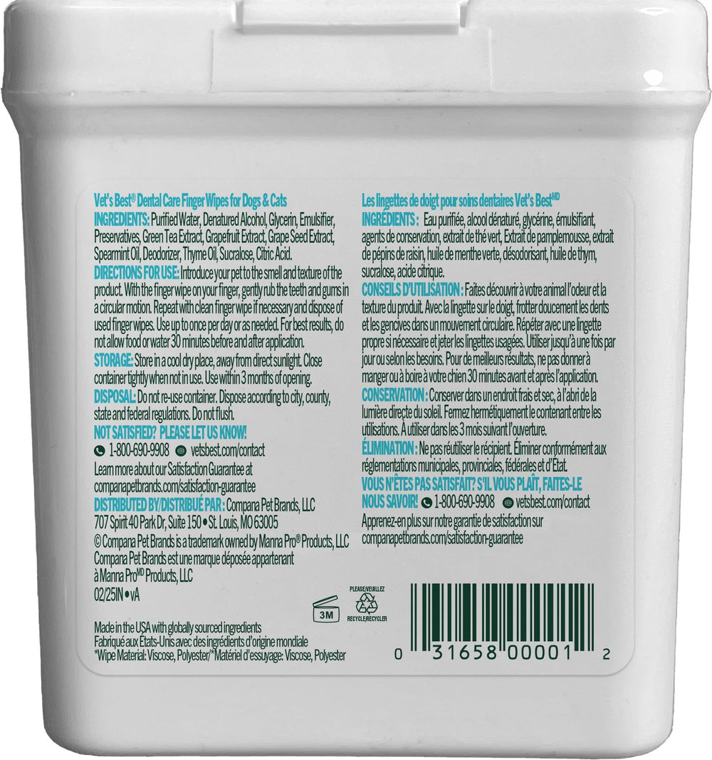 Soins à domicile avec Vet's Best Lingettes Dentaires pour animaux.