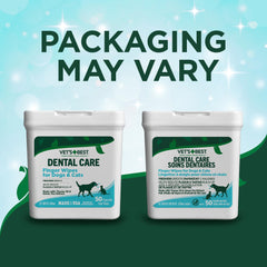 Utilisation régulière des lingettes Vet's Best pour dents et gencives.