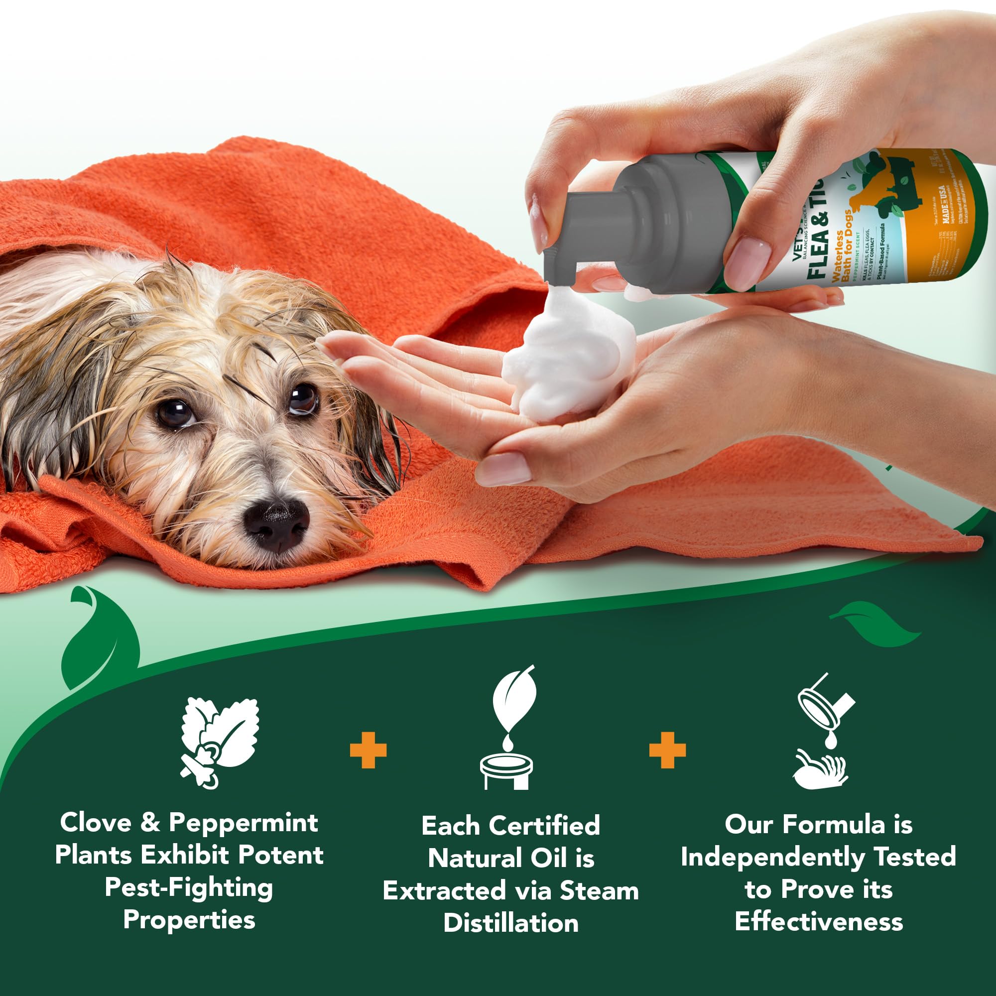 Vet's Best shampoo sec pour chien – fabriqué aux États-Unis avec ingrédients sûrs.