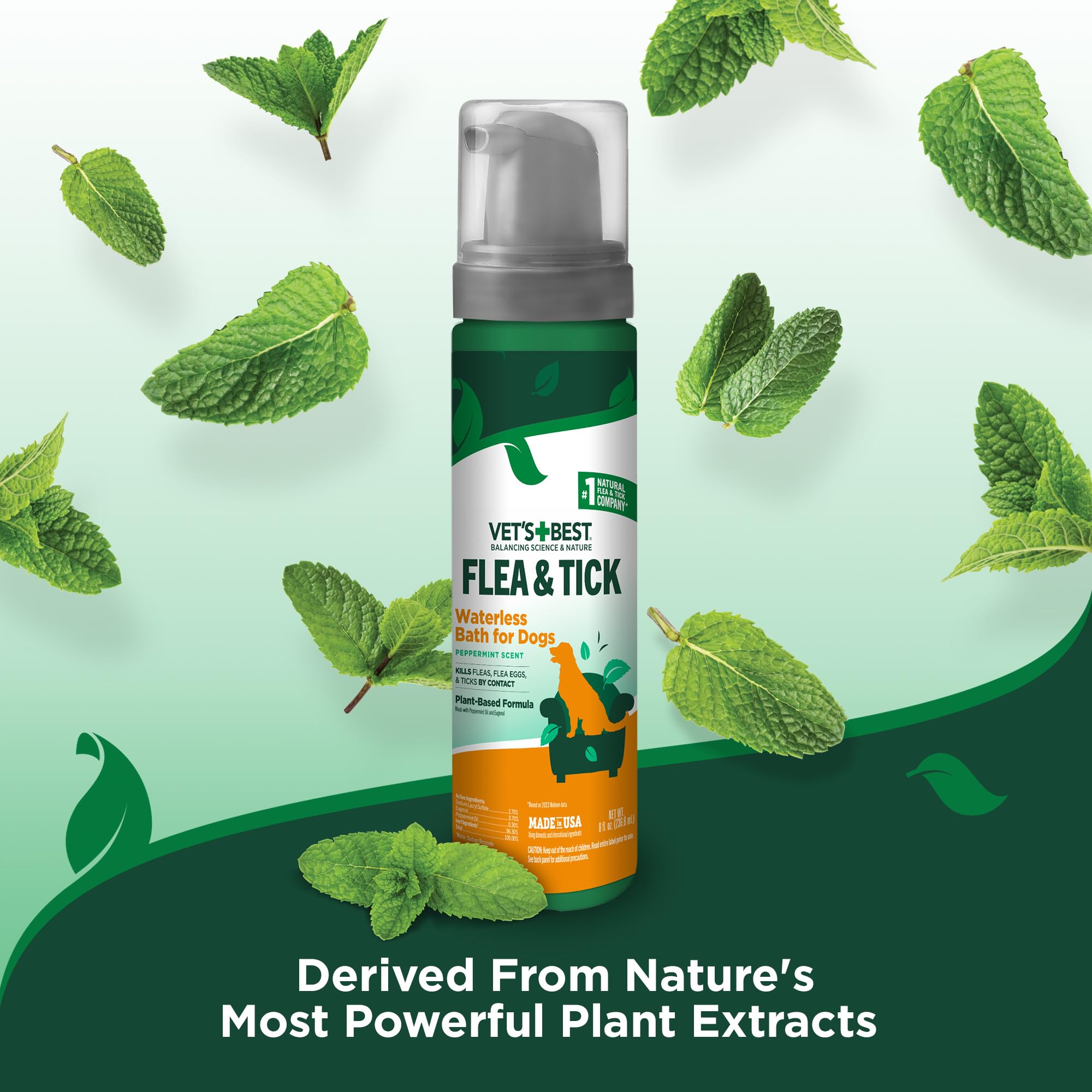 Vet's Best shampoo sec pour chien – ingrédients naturels à base de menthe et girofle.