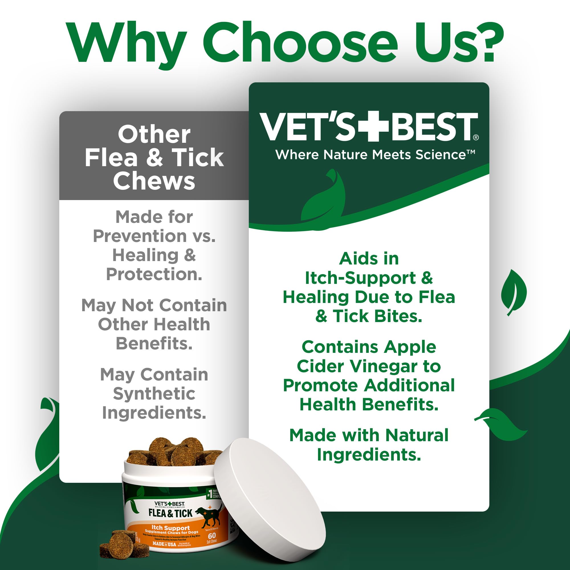 Vet’s Best vinaigre de cidre et antioxydants visibles dans l’image.