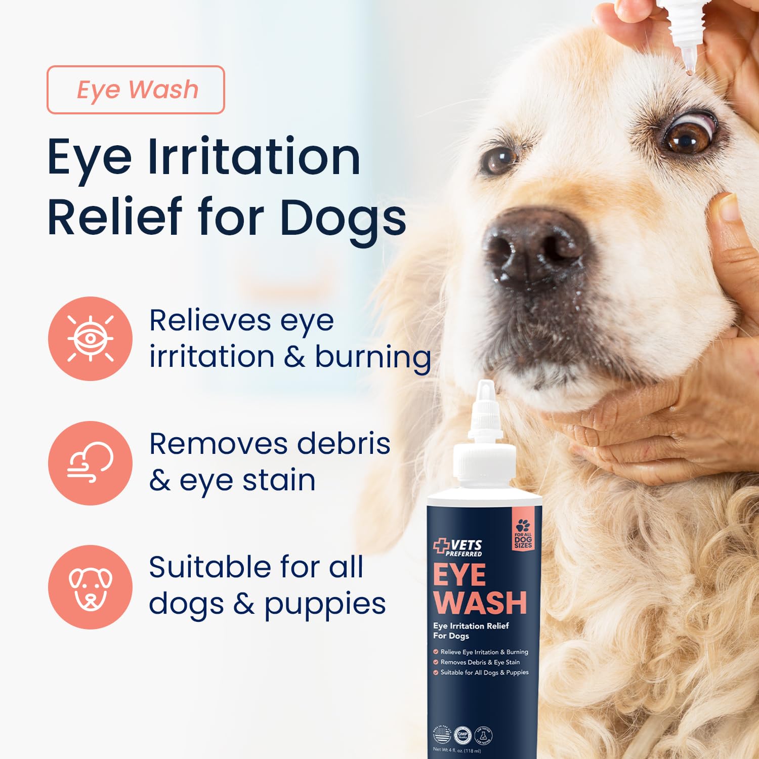 Gouttes oculaires Vets Preferred pour chien, utilisation quotidienne et soulagement.