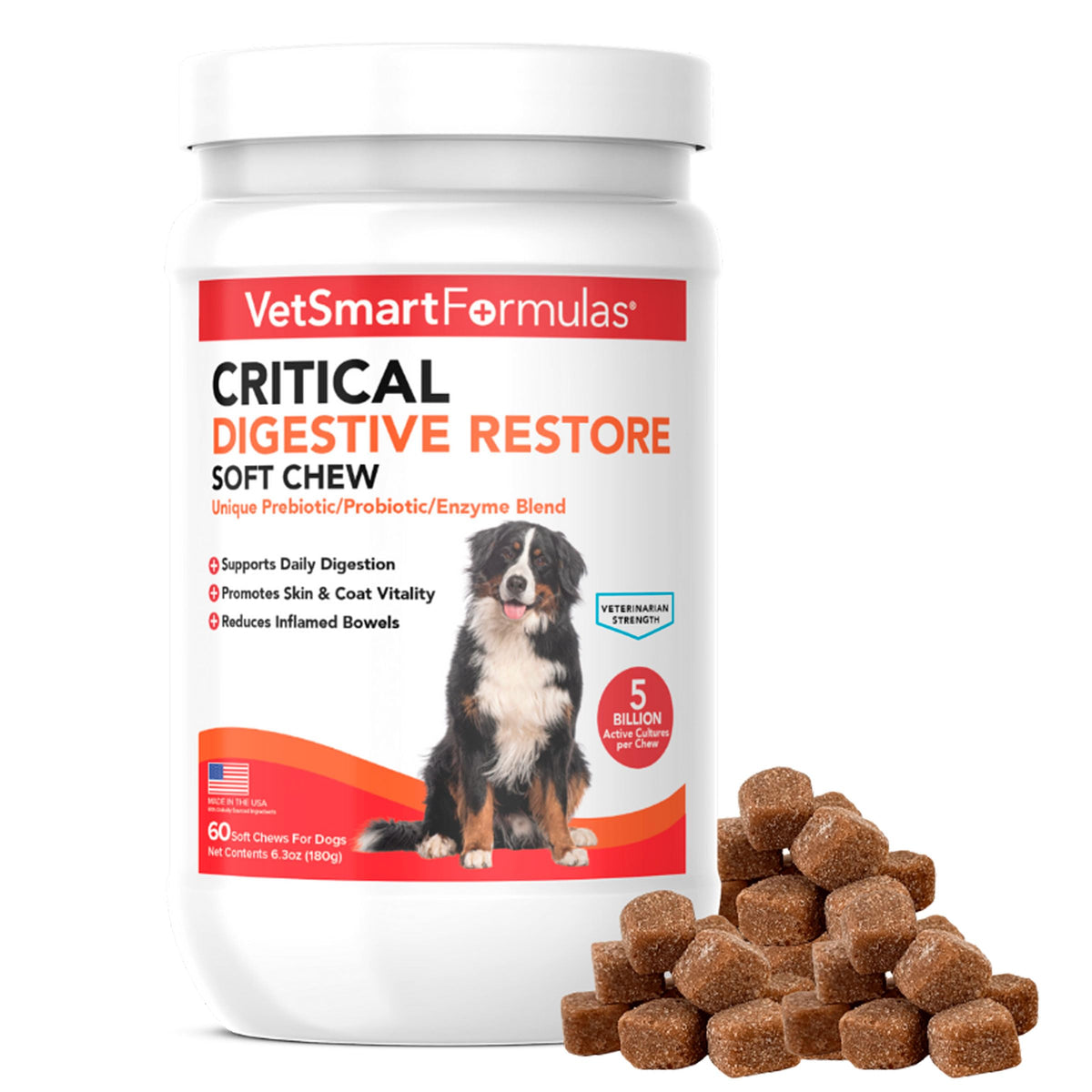 VetSmart Formulas Critical Digestive Restore - bouteille visible, soutien digestif potentiel.