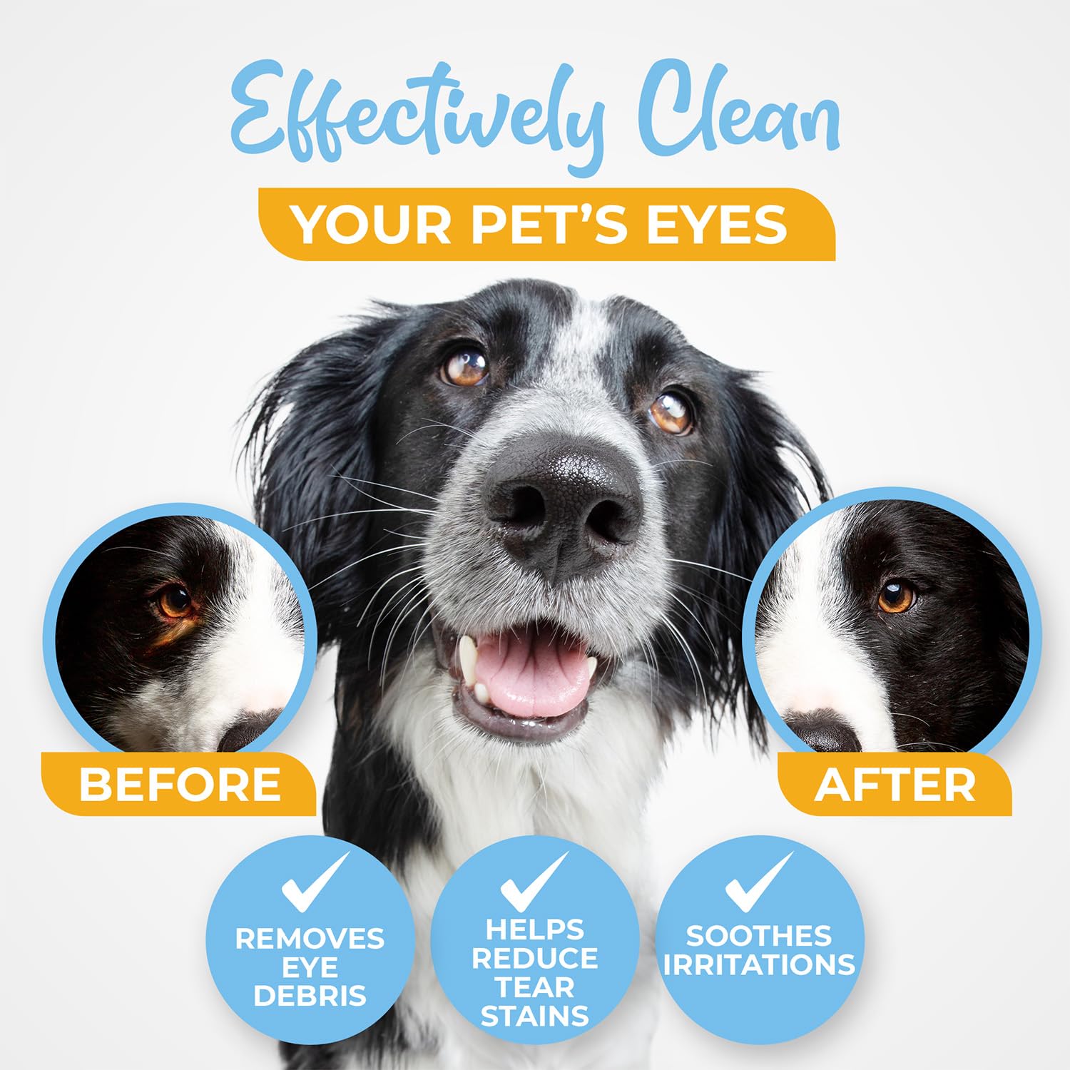 Lingette VetWipe nettoyage-regard, respecte la peau sensible du chien et du chat.