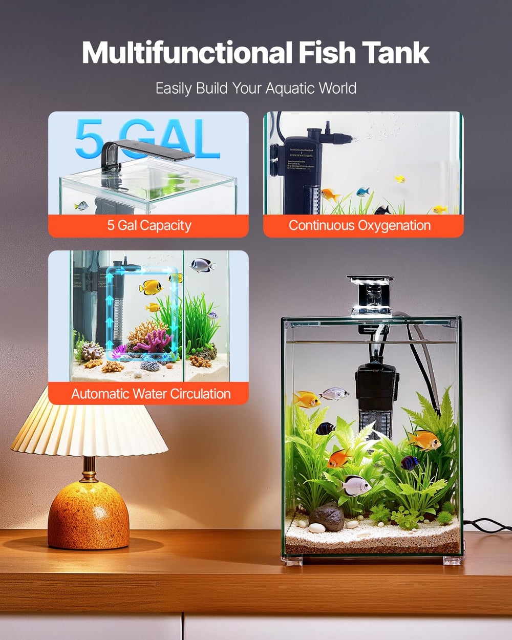 VEVOR aquarium carré avec éclairage 3 couleurs pour ambiance personnalisée