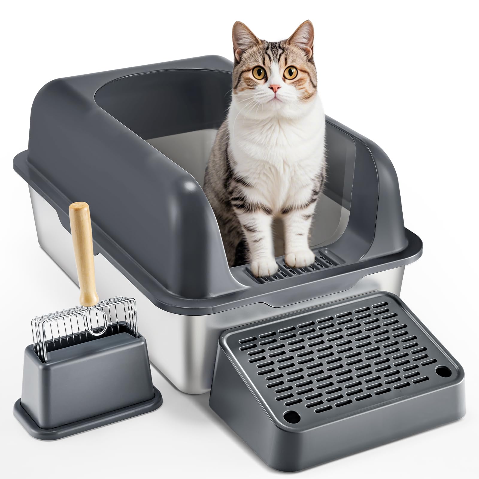 VEVOR boîte litière chat en acier inox avec couvercle pour confidentialité et nettoyage facilité.
