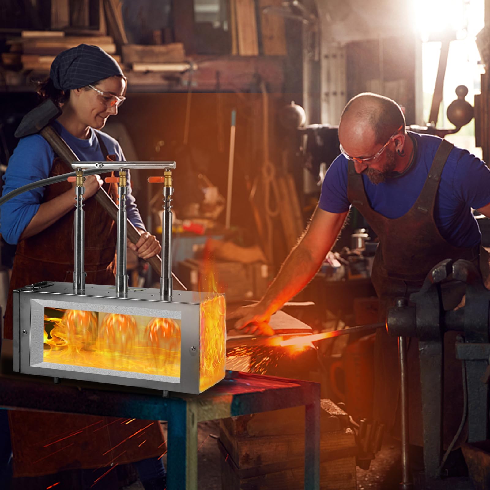 VEVOR Forge Propane Portable: grand espace interieur permet d'insérer des pieces metalliques.