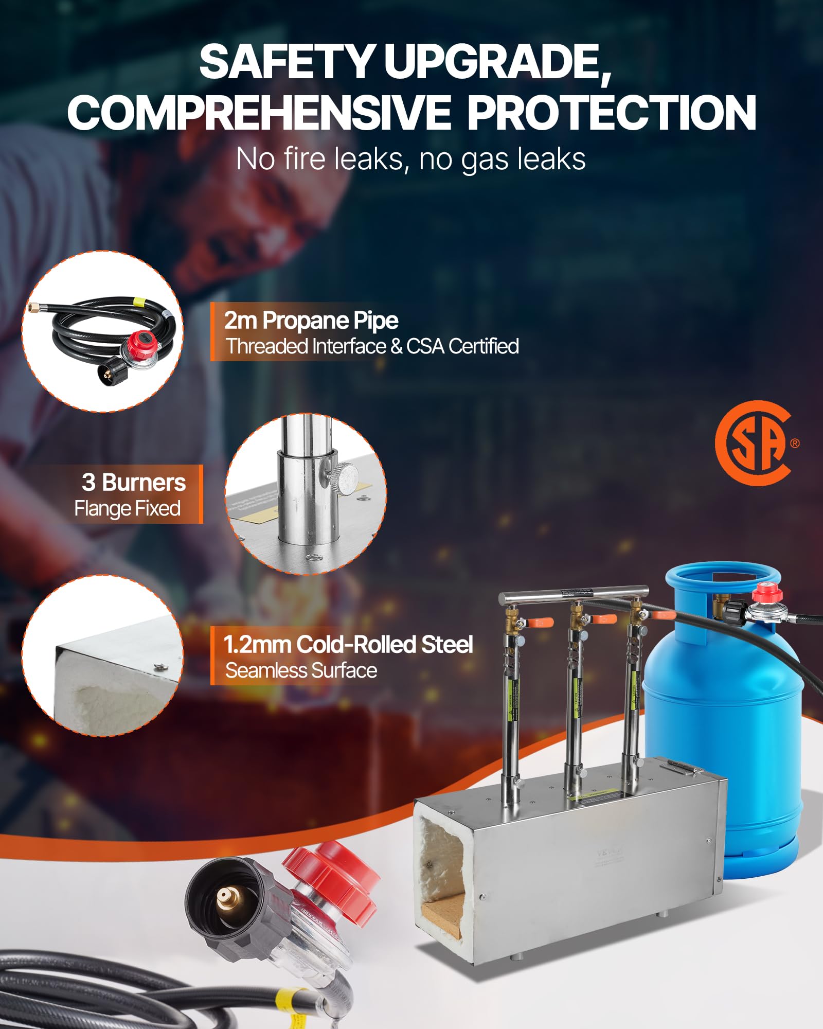 VEVOR Forge Propane Portable: tuyau certifie CSA prevenant fuites.
