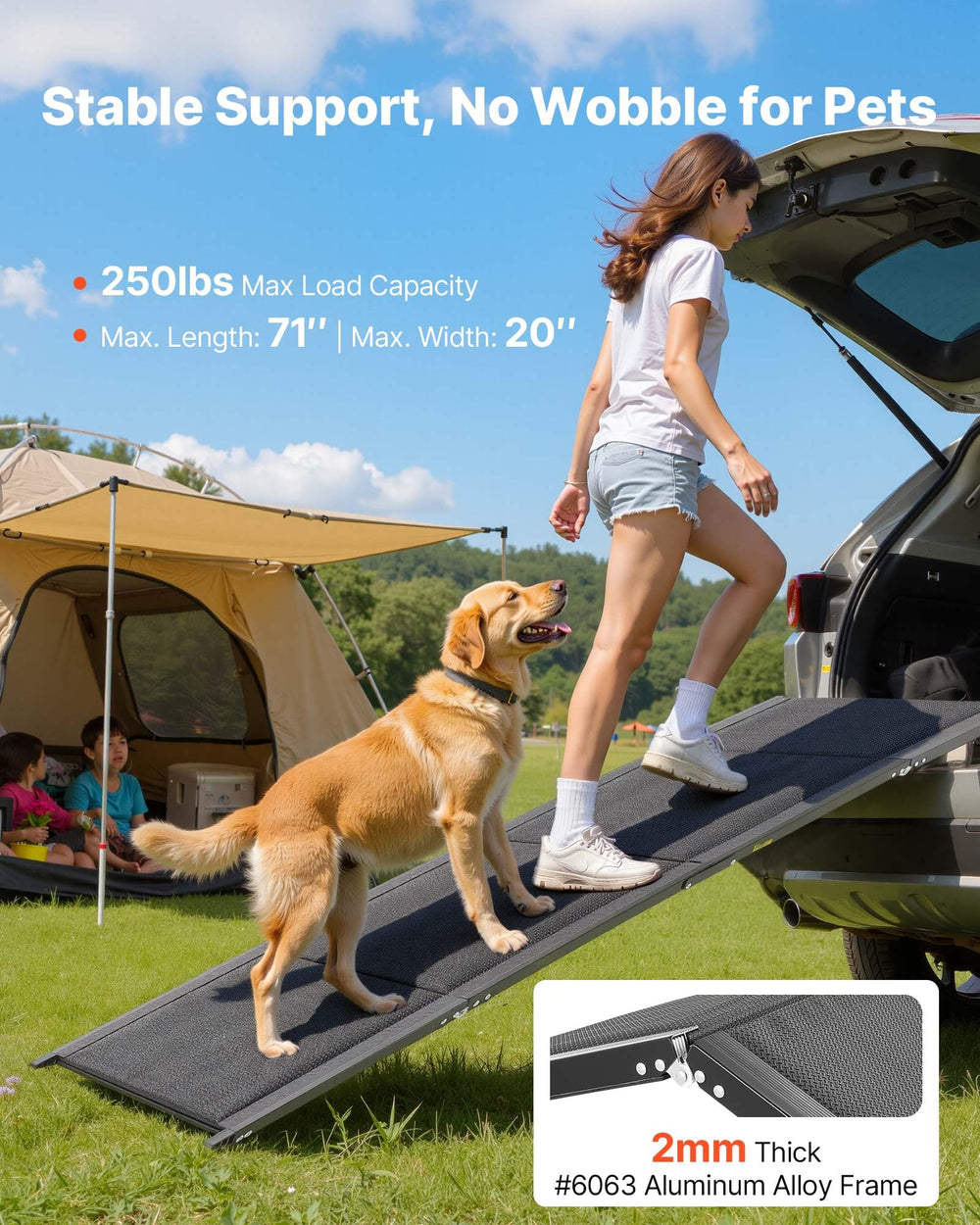 Rampe pliable VEVOR pour chien, facile à ranger dans le hayon.