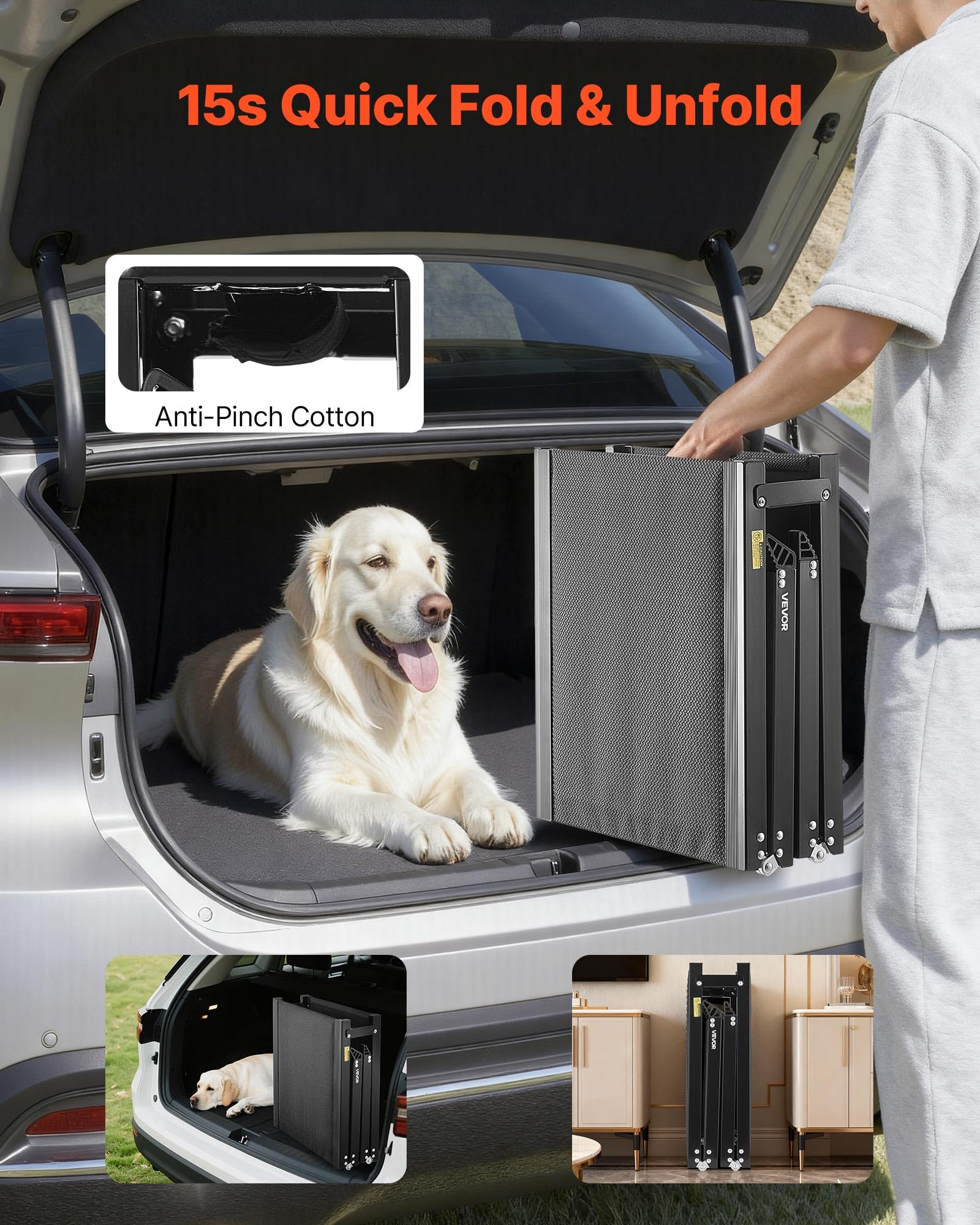 Capacité jusqu’à 250 livres, rampe adaptée aux grands chiens.