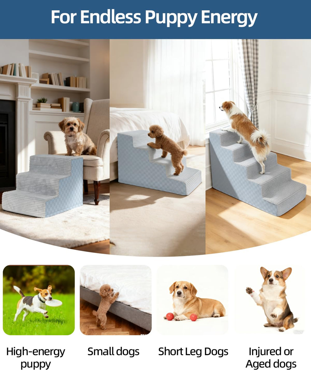Escaliers Vfrog pour chien, utilisé sur canapé et lit, gris, facilitant l’accès.