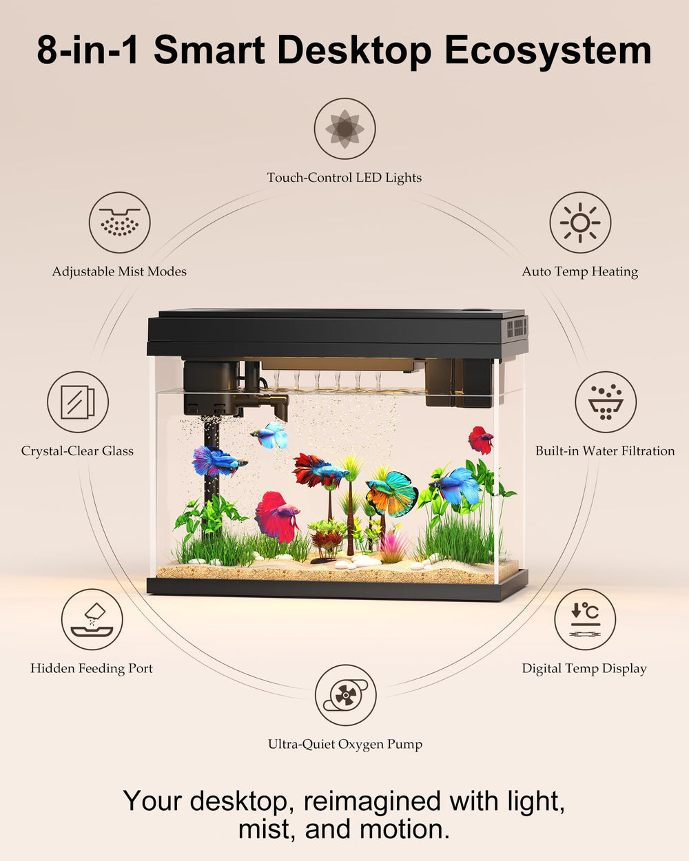 vhbw aquarium mini en verre panneau LED tactile pour changer l’ambiance et favoriser la concentration