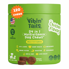 Vibin’ Tails, bouchées à mâcher au poulet visibles, présentation claire du flacon.