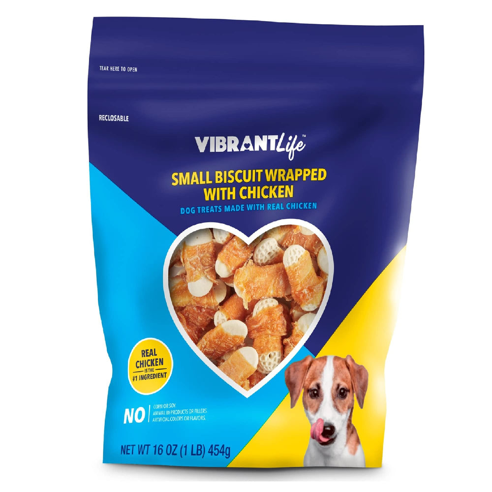 Vibrant Life emballage 16oz, friandises au poulet faciles à doser.