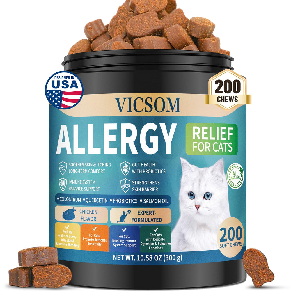 VICSOM: bouteille de friandises anti-démangeaisons pour chats, apaisement progressif.