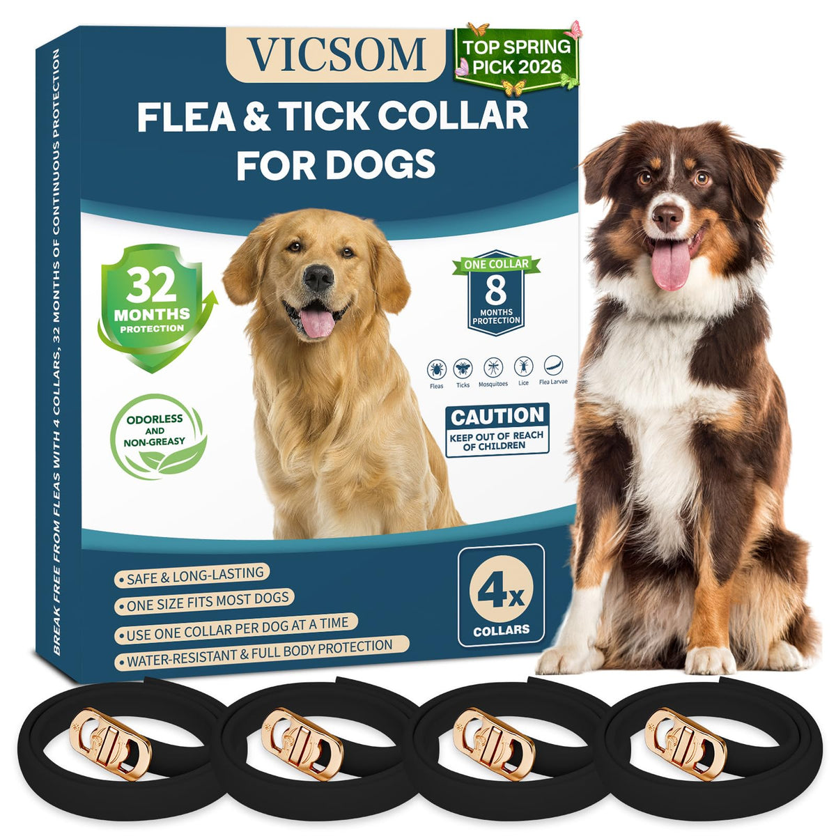 Collier anti-puces VICSOM 4-pack en action, protection durable pour chiens.