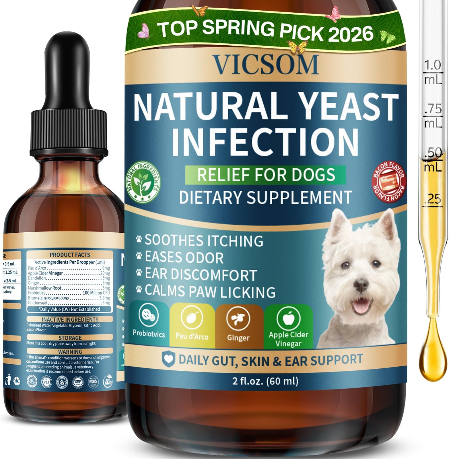 VICSOM – bouteille de traitement levure pour chien, soutien naturel des oreilles et de la peau.