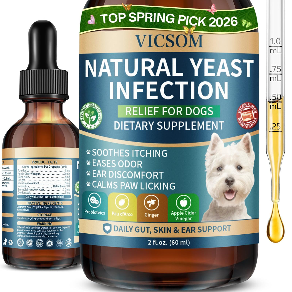VICSOM – bouteille de traitement levure pour chien, soutien naturel des oreilles et de la peau.
